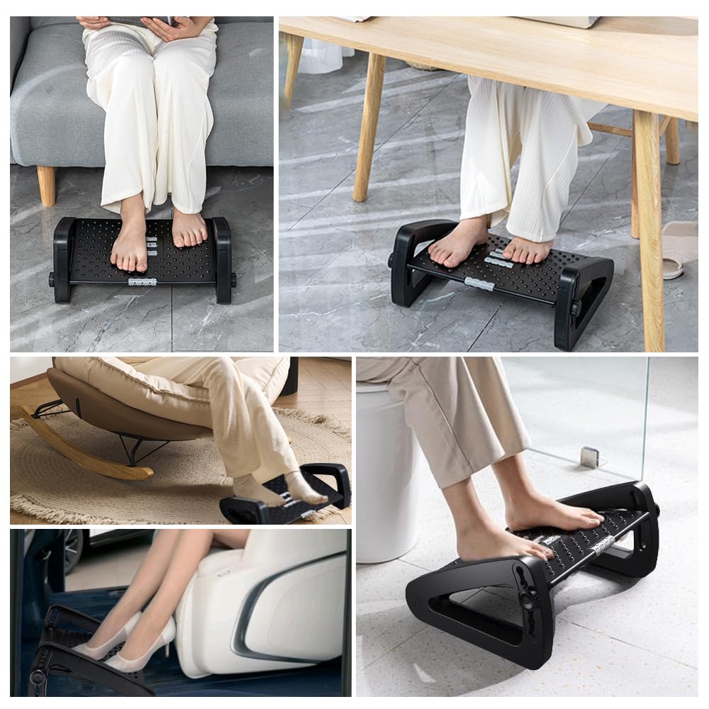 ZLMHYYM Foot Rest for Under Desk at Work - Six Heights Adjustable Under Desk Footrest - Ergonomic Foot Stools for Under Office Desks - Desks Foot Rest with Massage Rollers - Leg Rest for Chair (Black)