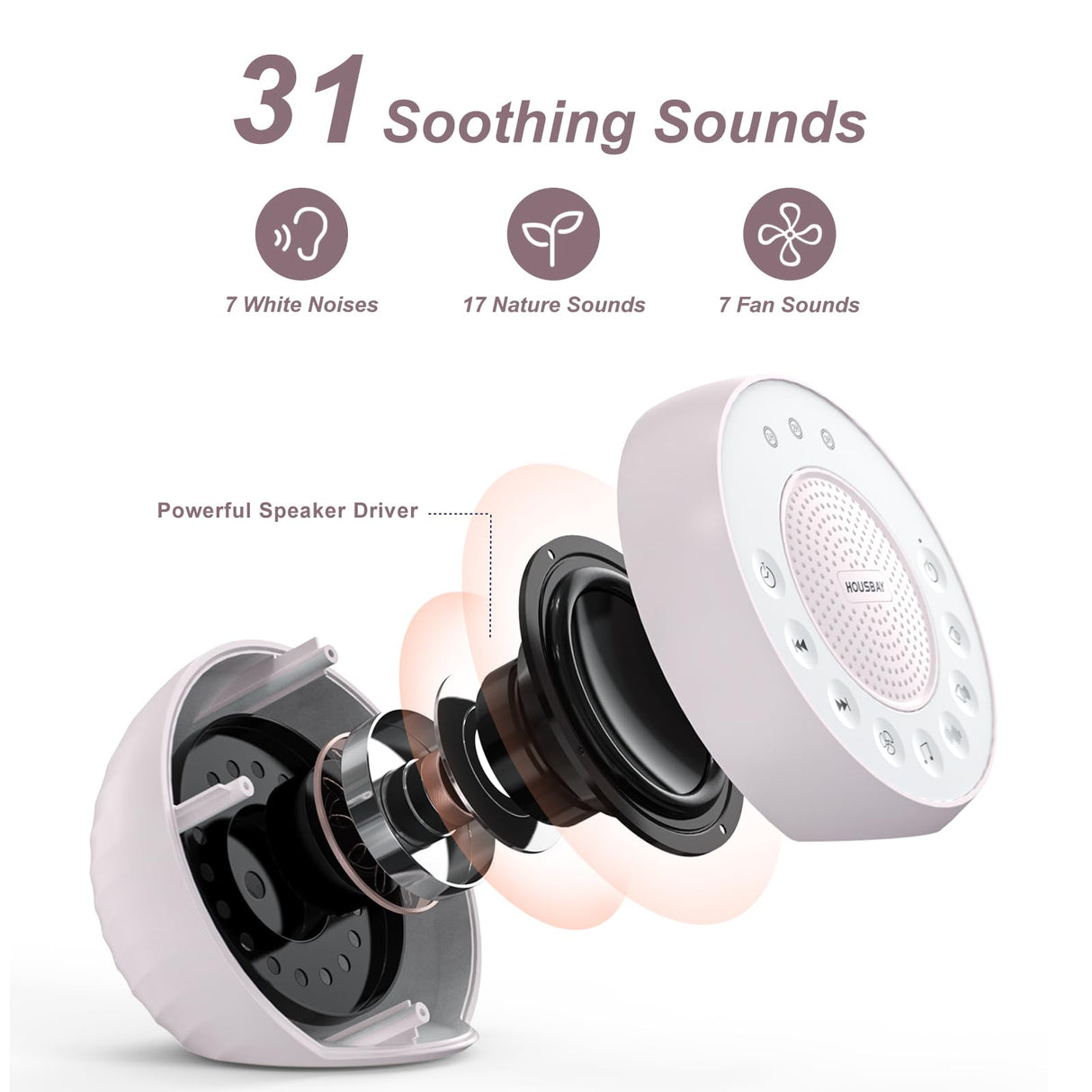 Housbay White Noise Machine with 31 High Fidelity Soothing Sounds, 5W High Power Loud Enough Speaker, Easy Volume Control, Sleep Timer, Sound Machine for Baby, Kids, Adults, Light Sleeper