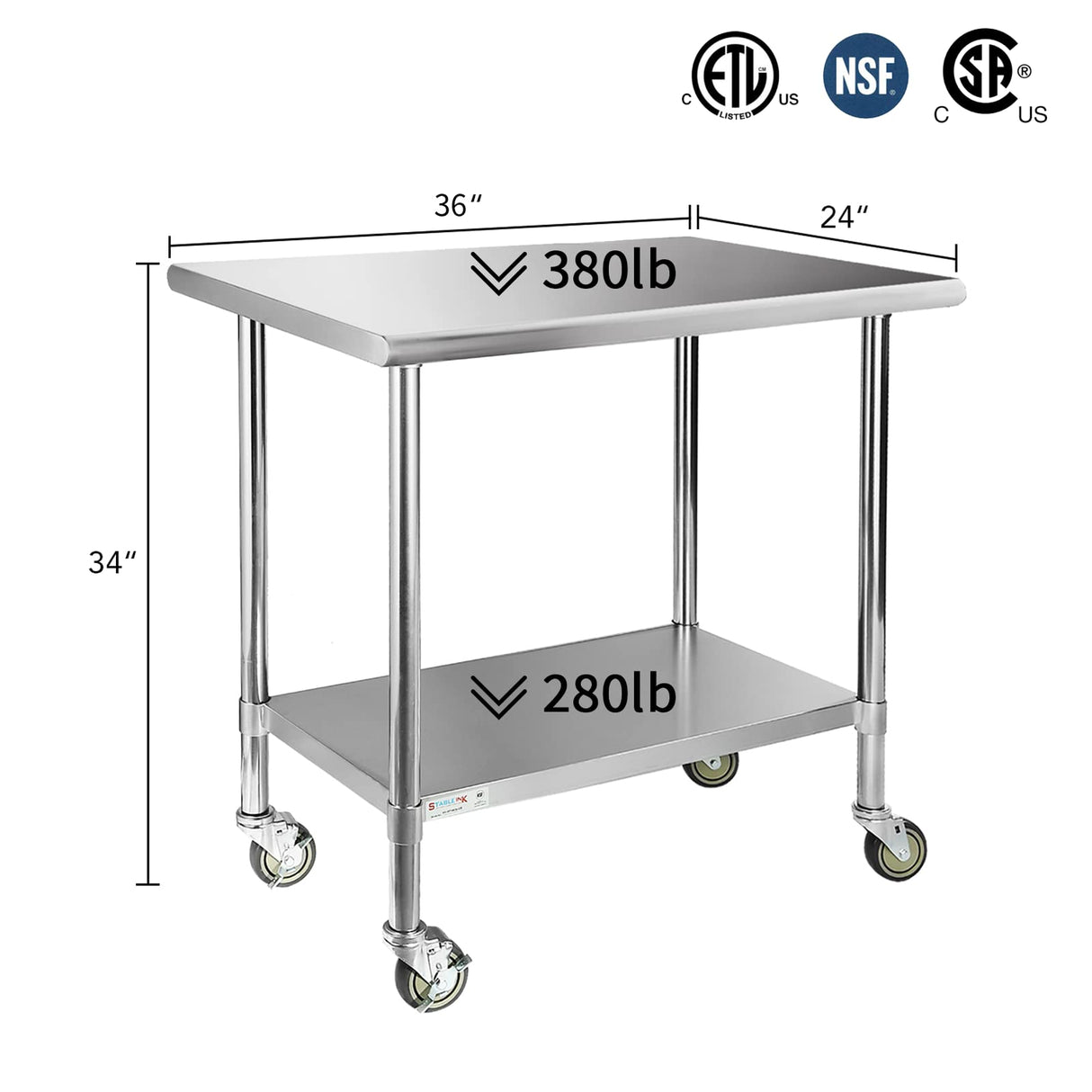STABLEINK Stainless Steel Table with Wheels 24 x 36 Inches, NSF Commercial Prep & Workbench with Adjustable Undershelf and Casters, for Commercial Kitchen, Restaurant, Hotel, Laundry and Garage