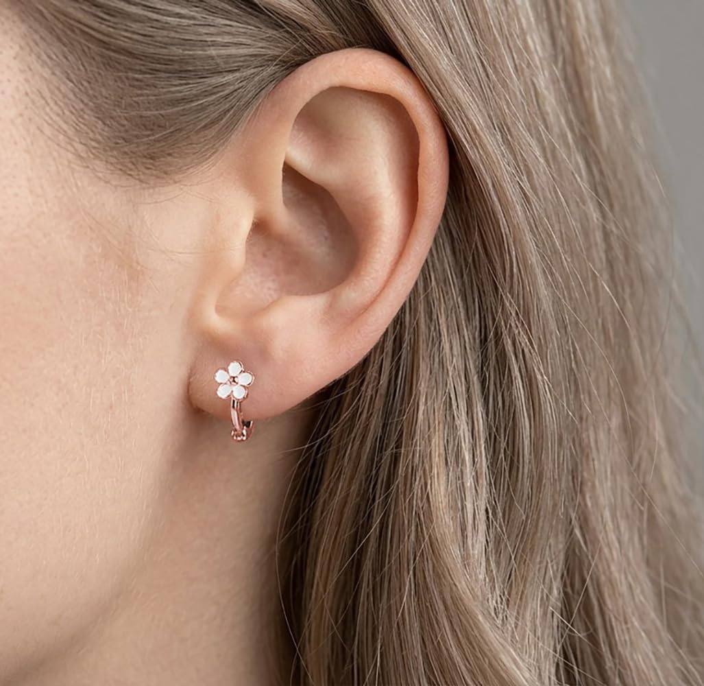 Reffeer Solid 925 Sterling Silver Flower Hoop Earrings Huggie for Women Teen Girls Daisy Hoop Earrings Cartilage Helix Earrings (C-Rose Gold)