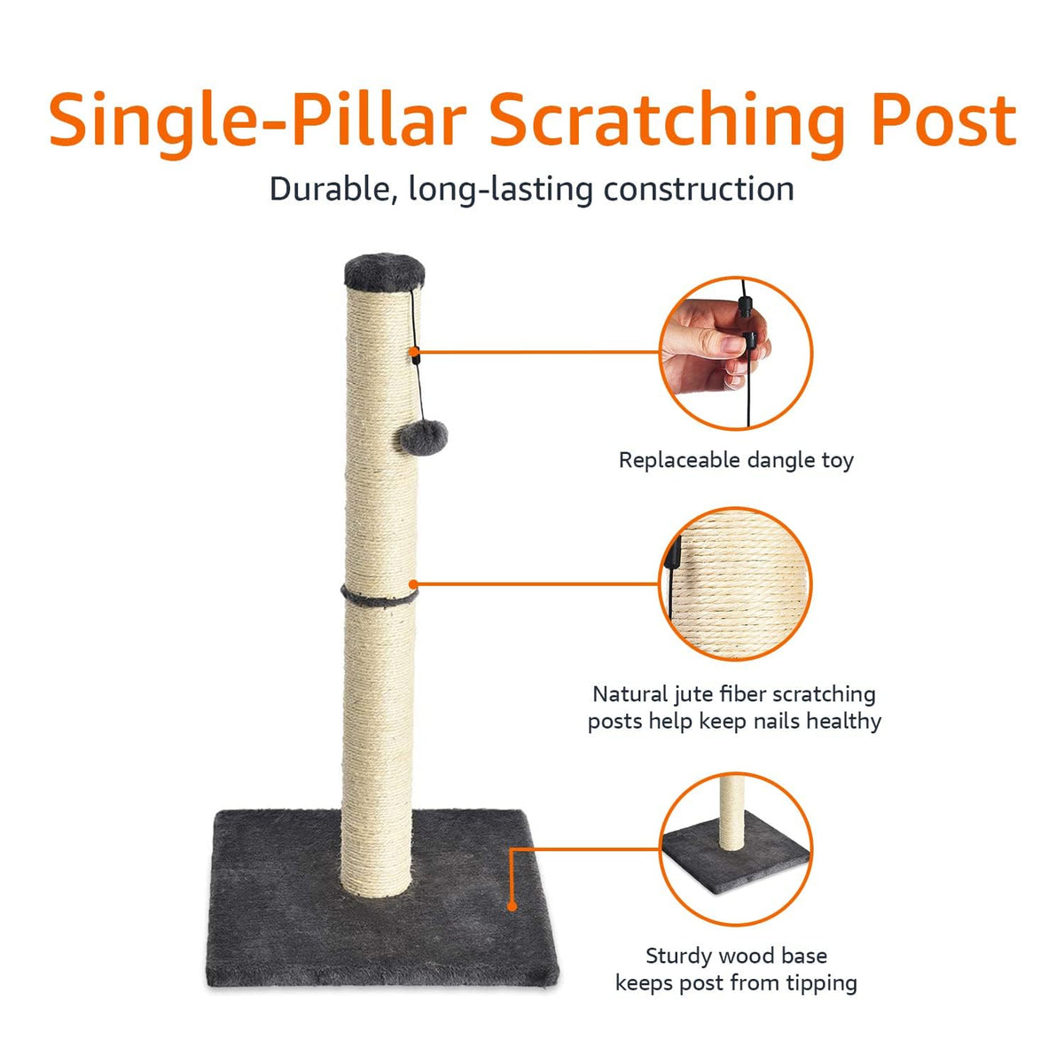 Amazon Basics Cat Scratching Post for Indoor Cats & Kittens, Medium (31.5"H), Cat Furniture with Dangling Ball Toy, Grey