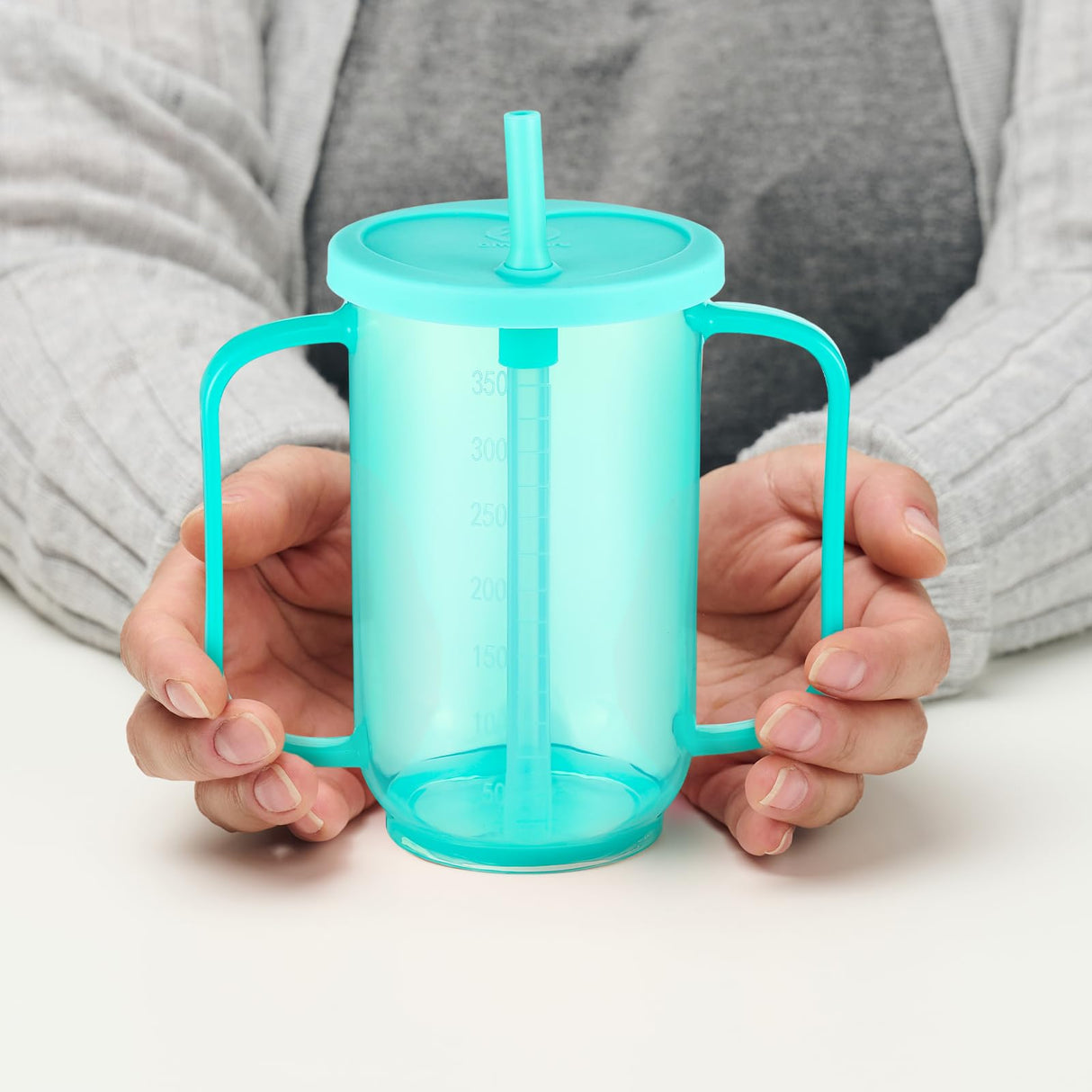 Sliner 2 Pcs Adult Sippy Cups for Elderly, 12 oz Plastic Spill Proof Cups with 2 Handles Straw and Lid for Adults Hospital Disabled Dysphagia Patients (Blue)