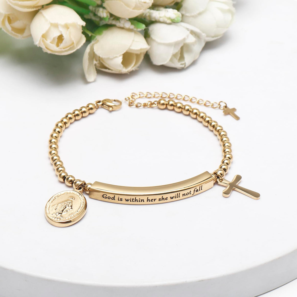 DS Women Christian Charm Bracelet,Cross Scripture Stainless Steel Jewelry
