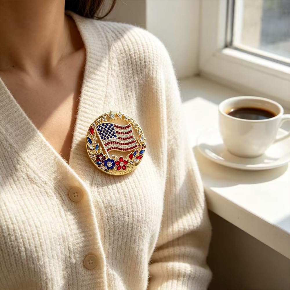250th Anniversary Enamel Brooch Pin, 1776-2026 Patriotic Floral Star Badg American Birthday Rhinestone Flag Lapel Pin for Independence Day Veterans Souvenir Gift Jewelry (2PCS)