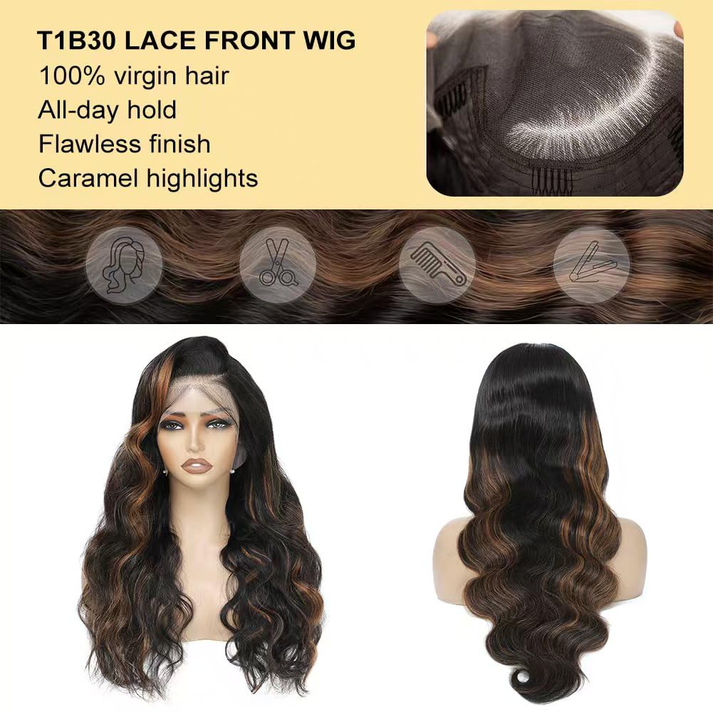 28 Inch Honey Blonde Ombre Lace Front Wig Human Hair 200 Density 13X6 Highlight Body Wave Lace Front Wig Human Hair Pre Plucked With Baby Hair Glueless HD Lace Frontal Wig for Women T1B/30 Colored Wig