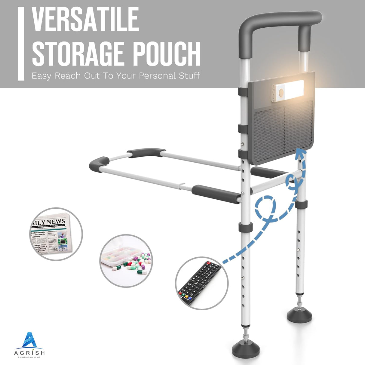 Agrish Bed Rails for Elderly Adults Safety - with Motion Light & Storage Pouch, Bedside Assist Bar with Support Legs for Seniors & Surgery Patients - Medical Bed Rail