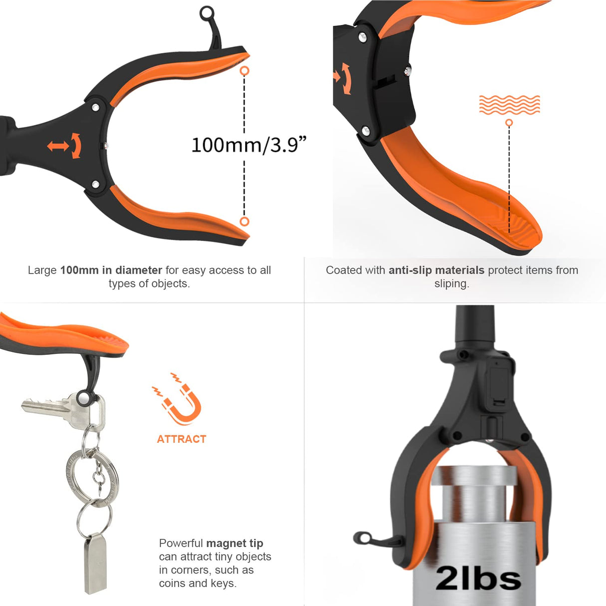 2-Pack Grabber Reacher Tool, 32" Grabbers for Elderly, Trash Picker Grabber with Light, Extended Claw Reacher Tool, Foldable Pick Up Grab Tool, Magnetic Sticks Grippers for Reaching (Orange)