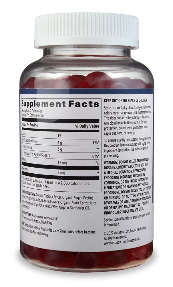 Amazon Basics Melatonin 5mg, Strawberry (Previously Solimo) 120 Gummies (2 per Serving) (Pack of 2)
