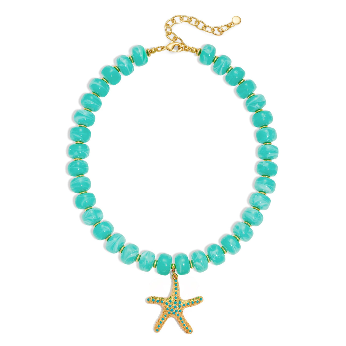 WOWORAMA Boho Chunky Beaded Necklaces for Women Ocean Blue Resin Beads Necklace with Gold Starfish Pendant Necklace Coastal Summer Statement Necklaces Jewelry