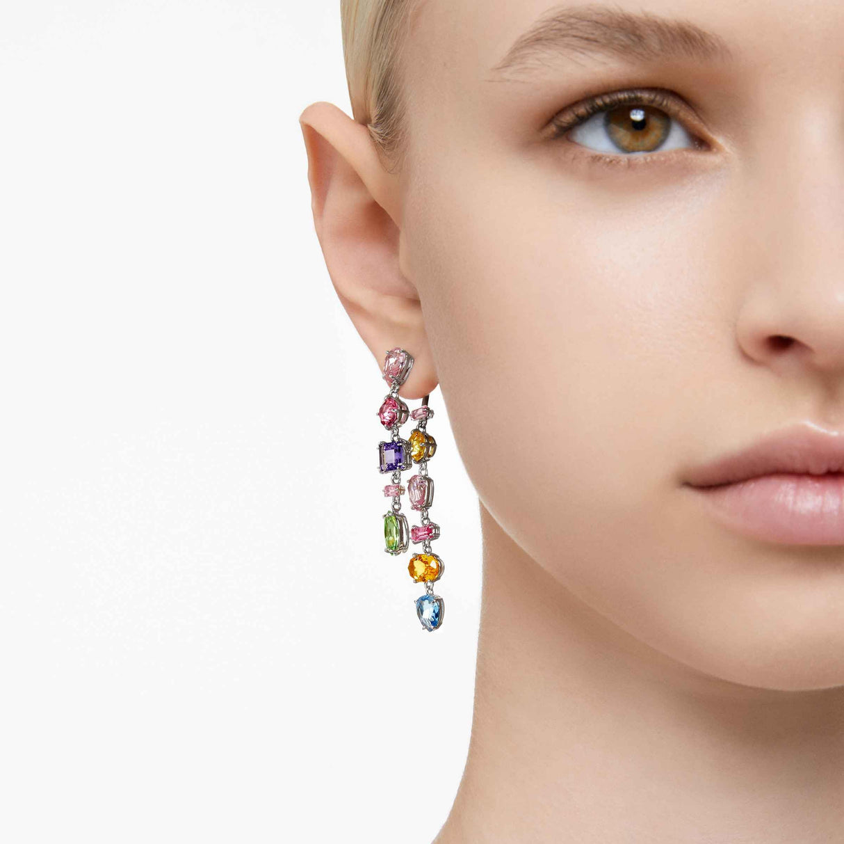 Swarovski Gema Drop Earrings, Asymmetrical design, Mixed cuts, Long, Multicolored, Rhodium Finish