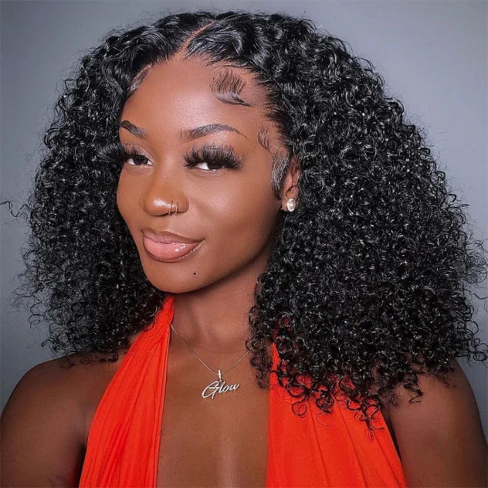 Bestdilin Curly Lace Front Wigs Human Hair 13x6 Kinky Curly HD Transparent Lace Frontal Wig for Women Short Curly Wigs Pre Plucked With Baby Hair 220% Density Glueless Hair Curly Wigs (16 Inch)