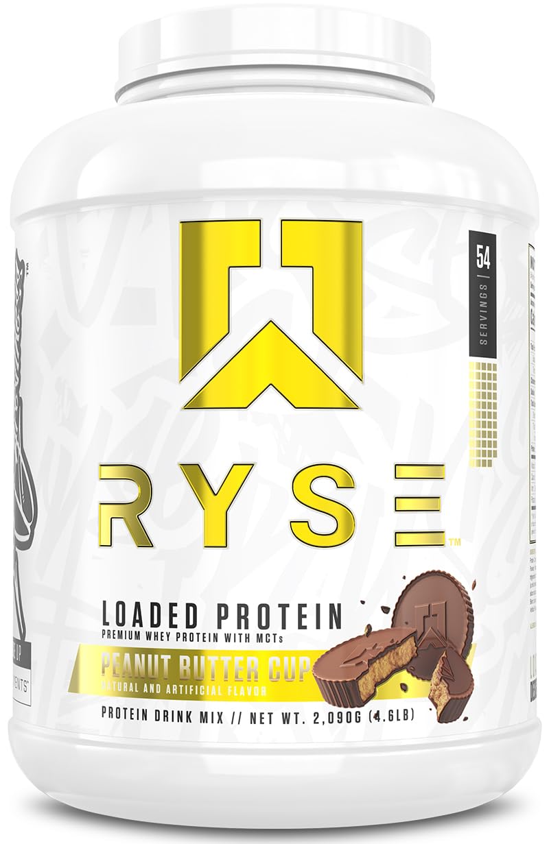 RYSE Loaded Protein Powder - Peanut Butter Cup - 25g Whey Protein Isolate & Concentrate with Prebiotic Fiber & MCTs - Low Carb, Low Sugar, Digestive-Friendly - 54 Servings / 4 lb Tub
