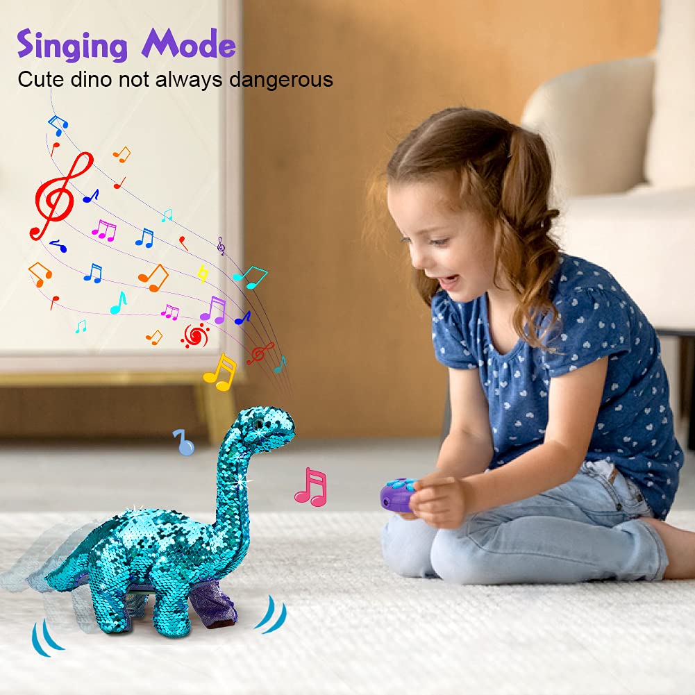 Koonie Sequins Dinosaur for Girls, 2 Year Old Girl Gifts, Purple Dinosaur Remote Control Reversible Sequins Dinosaur Can Repeat Walk Roar Sing, Christmas Birthday Gifts for 2-7 Years Old Kids Toddler