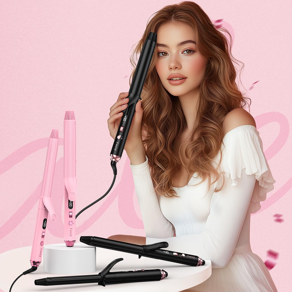 FARERY Long Barrel Curling Iron 1 1/4 inch, 1.25 Inch Curling Iron for Thin Hair, Infused Argan Oil & Keratin, 11 Adjustable Temp, Include Clips & Silicone Pad, Pink