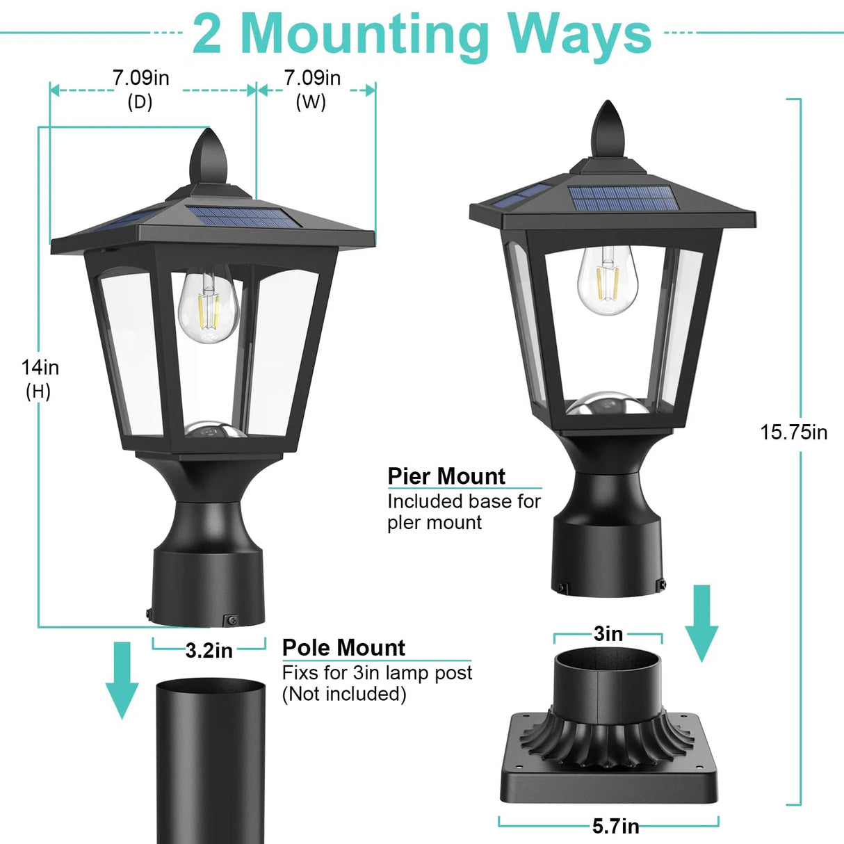Solar Post Lights, 6000K Dusk to Dawn Solar Lamp Post Light with Pier Mount Base, Solar Post Lights Outdoor Waterproof for Garden Yard Landscape Pole Pillar, Outside Decorative Lamp(Cool White)