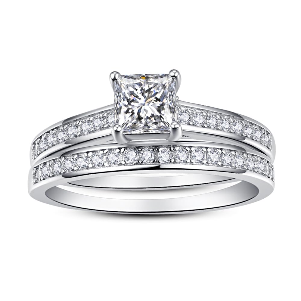 AVECON 1.35ct Princess Cut Engagement Ring 925 Sterling Silver Wedding Band Set for Women Cubic Zirconia Bridal Sets Size 6