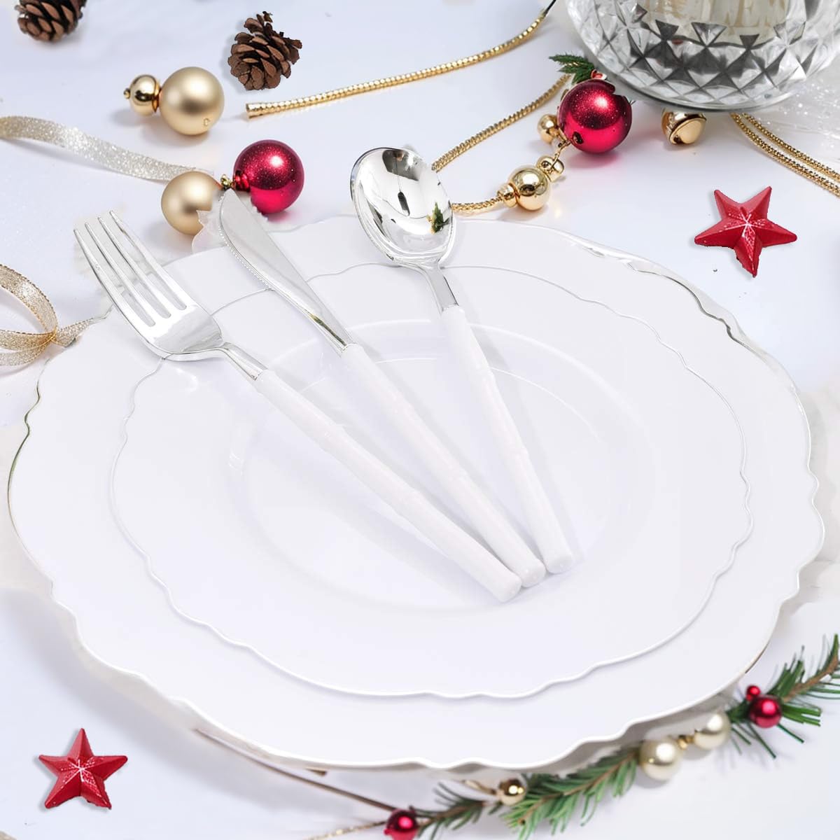 WDF 60pcs Silver Plastic Plates-Baroque White &Silver Plates for Upscale Parties &Wedding-including 30Plastic Dinner Plate 10.25inch, 30 Salad Plate 7.5inch for Christmas