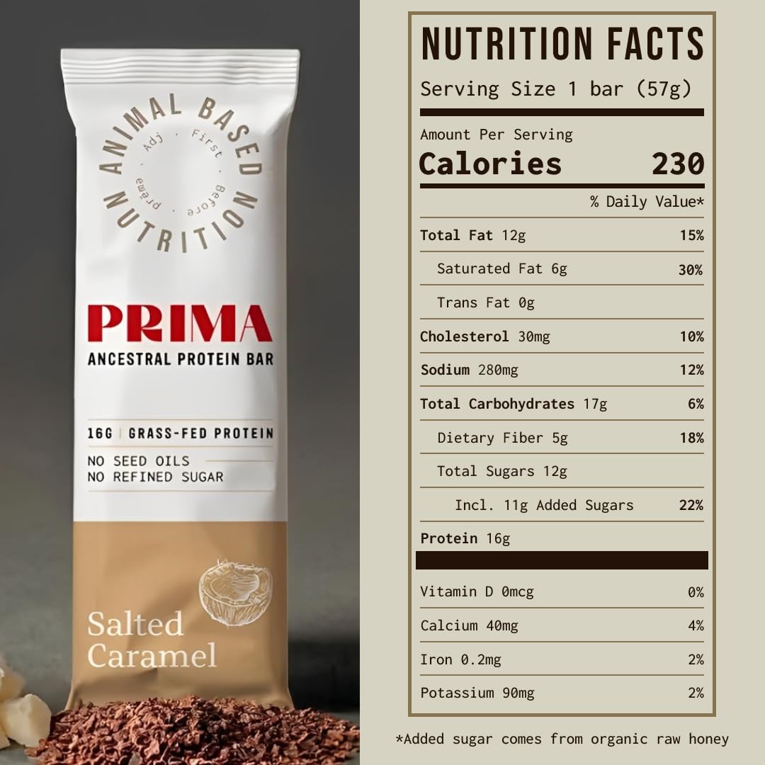 PRIMA ANCESTRAL PROTEIN BAR Grass Fed Protein Bars, 7 Pack – Animal-Based Protein Bar with Beef Tallow, Raw Honey, Seed Oil Free, Low Carb, Gluten-Free – Healthy, Energy Snacks for Clean Lifestyle (7 Pack, Salted Caramel)