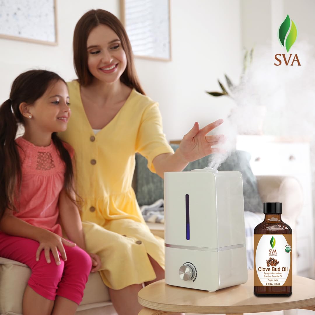 SVA Clove Essential Oil Organic – 4 Fl Oz – 100% Natural Organic Clove Oil - for Diffuser, Hair Care, Face, Skin Care, Aromatherapy, Scalp and Body Massage, Soap and Candle Making - with Dropper
