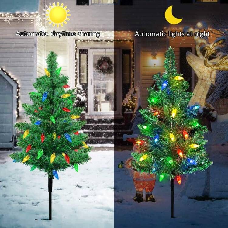 Windpnn Upgraded 4-Pack Solar Christmas Garden Stake Lights, Decorative Xmas Tree Solar Christmas Yard Stake Outdoor Waterproof Pathway Lights for Garden Patio Yard Decorations
