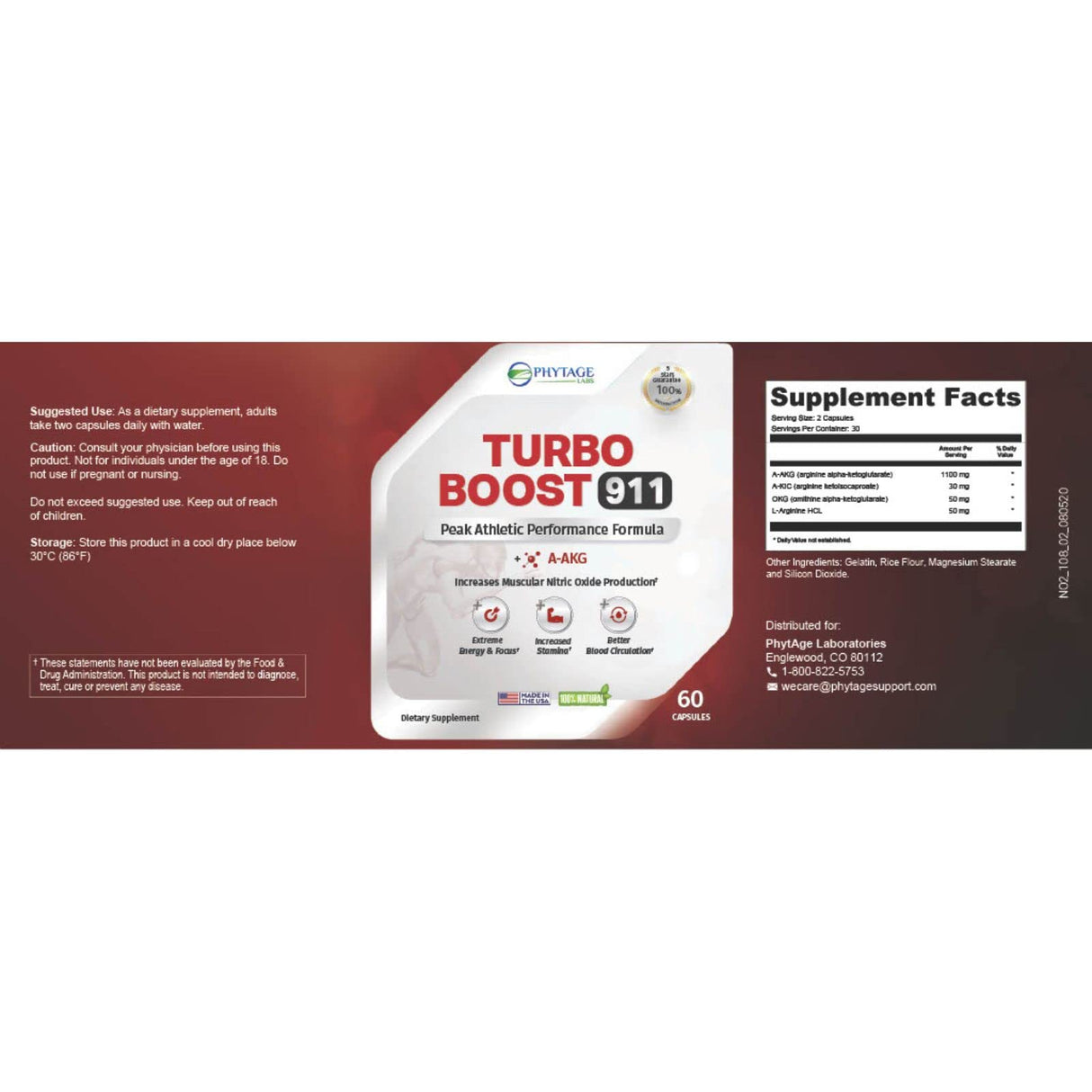 Phytage Labs Turbo Boost 911 Nitric Oxide Booster, Circulation, Energy Boost, Mental Focus (N-O) Supplement – 60 Capsules