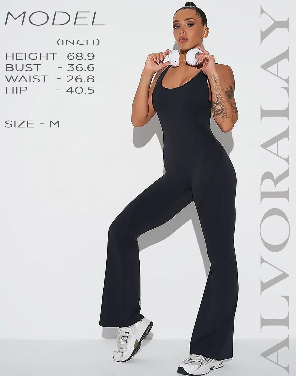 ALVORALAY Women's Flare Jumpsuit with Bra Tummy Control Workout Outfit Sleeveless Backless Bodysuit (Black, Medium)