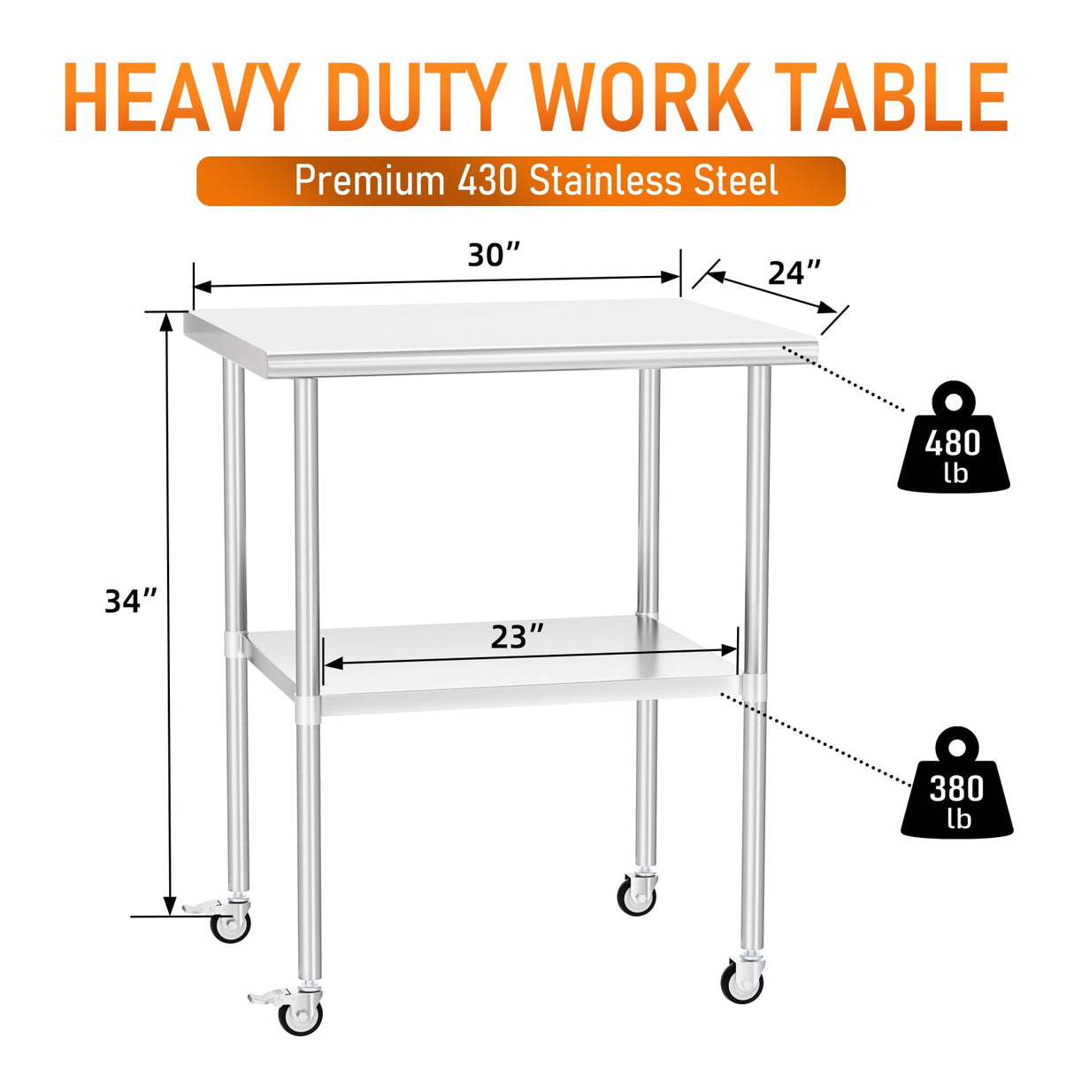 HOCCOT Stainless Steel Table with Wheels 24" x 30" Utility Worktable with Adjustable Undershelf for Commercial Kitchen, Garage, Restaurant