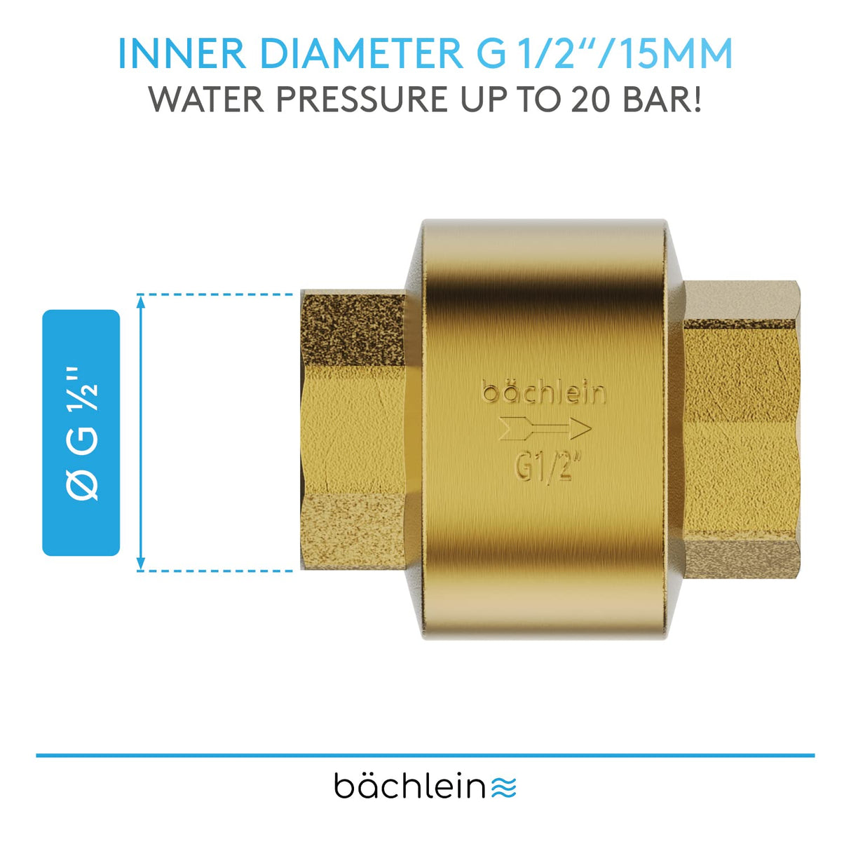 Bächlein Universal Non-Return Valve - Brass Non-Return Valve with G1/2 Inch Female Thread on Both Sides - Stainless and Watertight Non-Return Valve for a Safe Drinking Water System