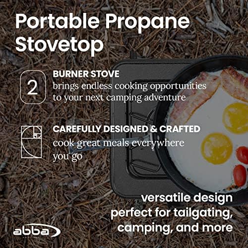 ABBA Double Burner Portable Propane StoveTop - Lightweight Alloy Steel Portable Stove - Stove for Camping, Patio & Outdoor Activities, 13.19" x 21.85" x 4.33" (Green or Black) (Black)