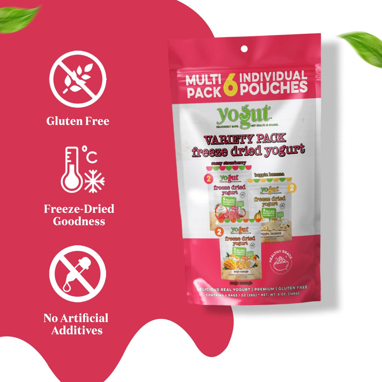 YoGut Freeze Dried Yogurt Snack, Variety Pack, 6 Pack, Healthy Snacks for Kids, Toddlers & Adults, Gluten Free, Non GMO, With 5 Billion Live Probiotics, Vitamins & Minerals, Individual Snack Packs