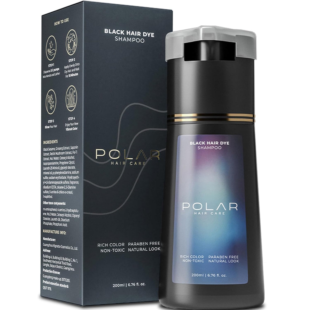 Polar Hair Dye Shampoo for Gray Hair, Jet Black Color for Women & Men