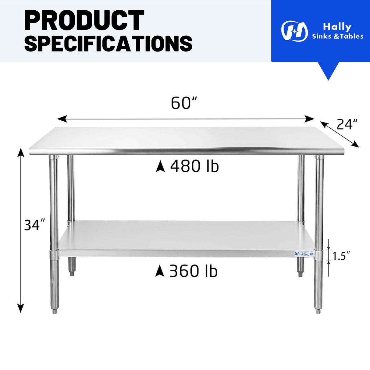 Hally Stainless Steel Table for Prep & Work 24 x 60 Inches, NSF Commercial Heavy Duty Table with Undershelf and Galvanized Legs for Restaurant, Home and Hotel