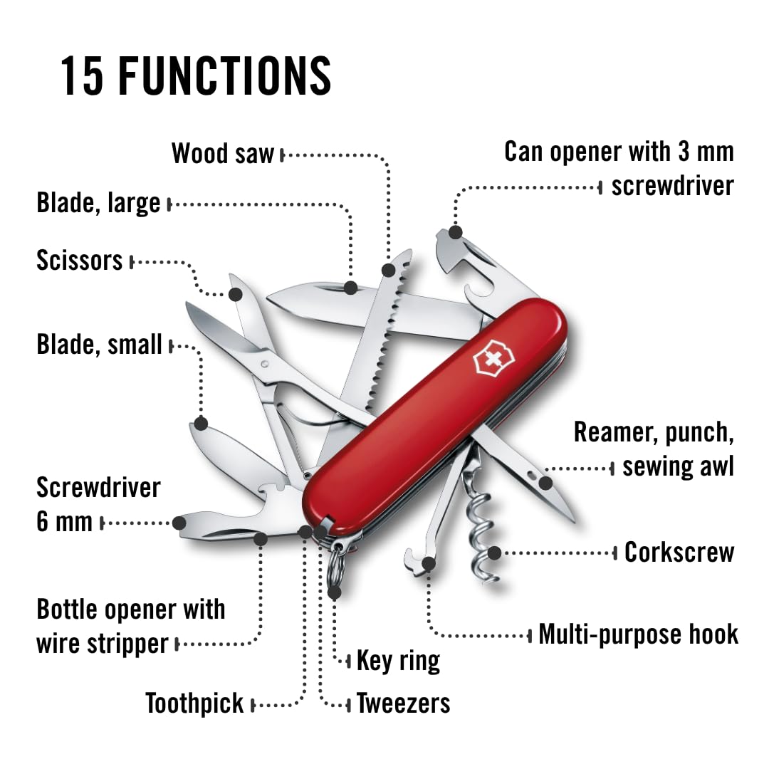 Victorinox Huntsman Swiss Army Knife, 15 Functions, Swiss Made Pocket Knife with Large Blade, Screwdriver, Scissors and Wood Saw - Red