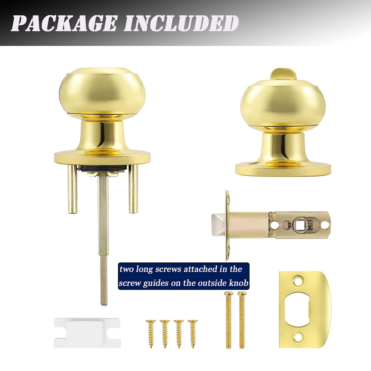 Probrico Privacy Door Knobs Lock Interior Bedroom Bathroom Door Handle Polished Brass Round Ball Keyless Lockset 5 Pack