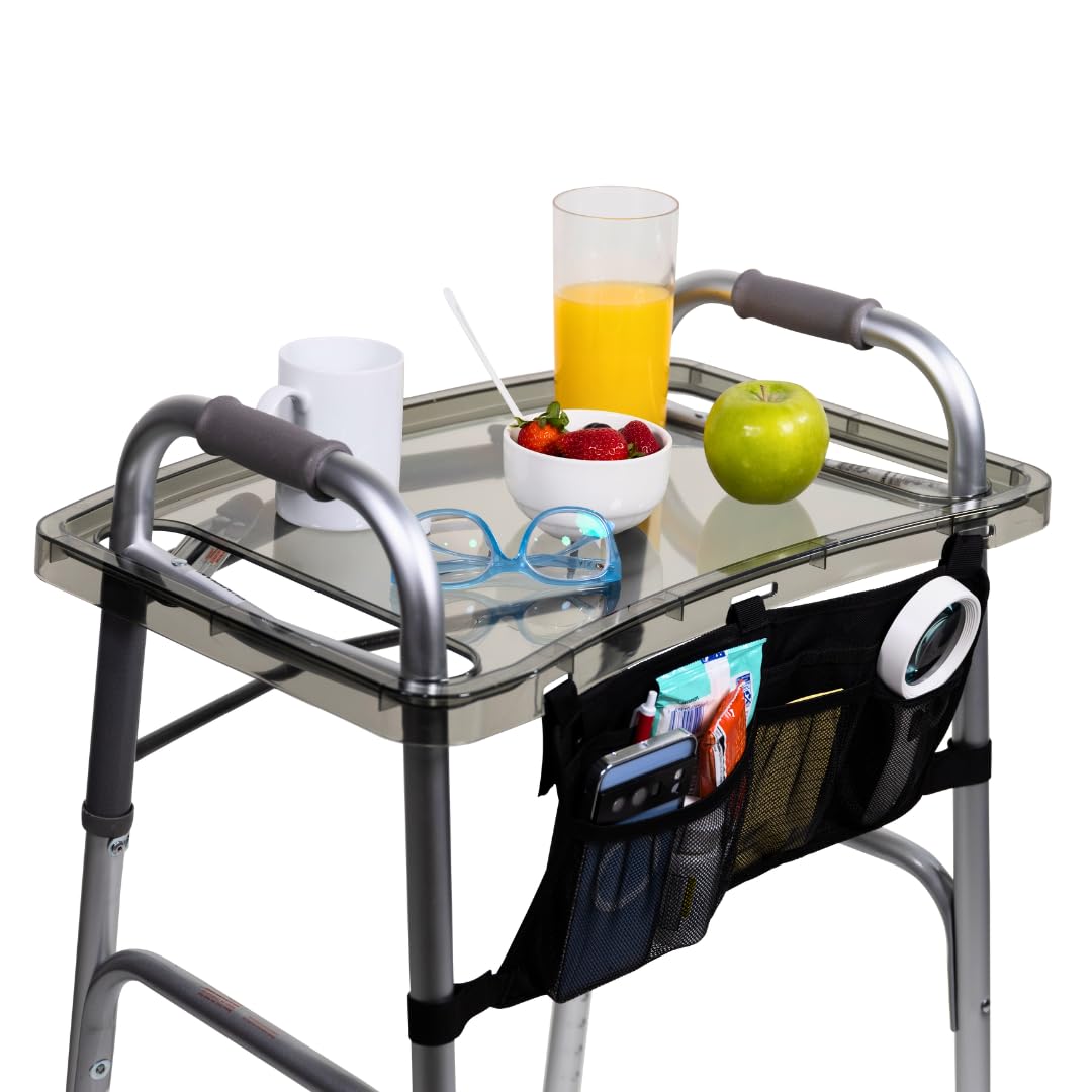 StrongArm Clear View Walker Tray + Bag + Non-Slip Mat & Cup Holder, Tray for Folding Walkers, Food Tray, Walker Accessories, Tray Table for Standard Adult Walkers (Black)
