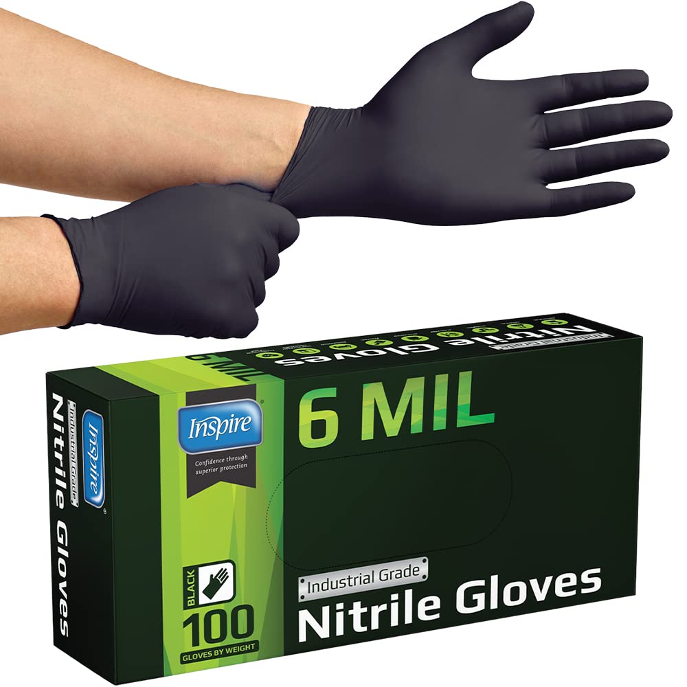 Inspire HEAVY DUTY 6Mil ORIGINAL Quality Stretch Nitrile Gloves Black Disposable Latex Free | Food, Industrial, Mechanic Tattoo (6Mil Black, Small)
