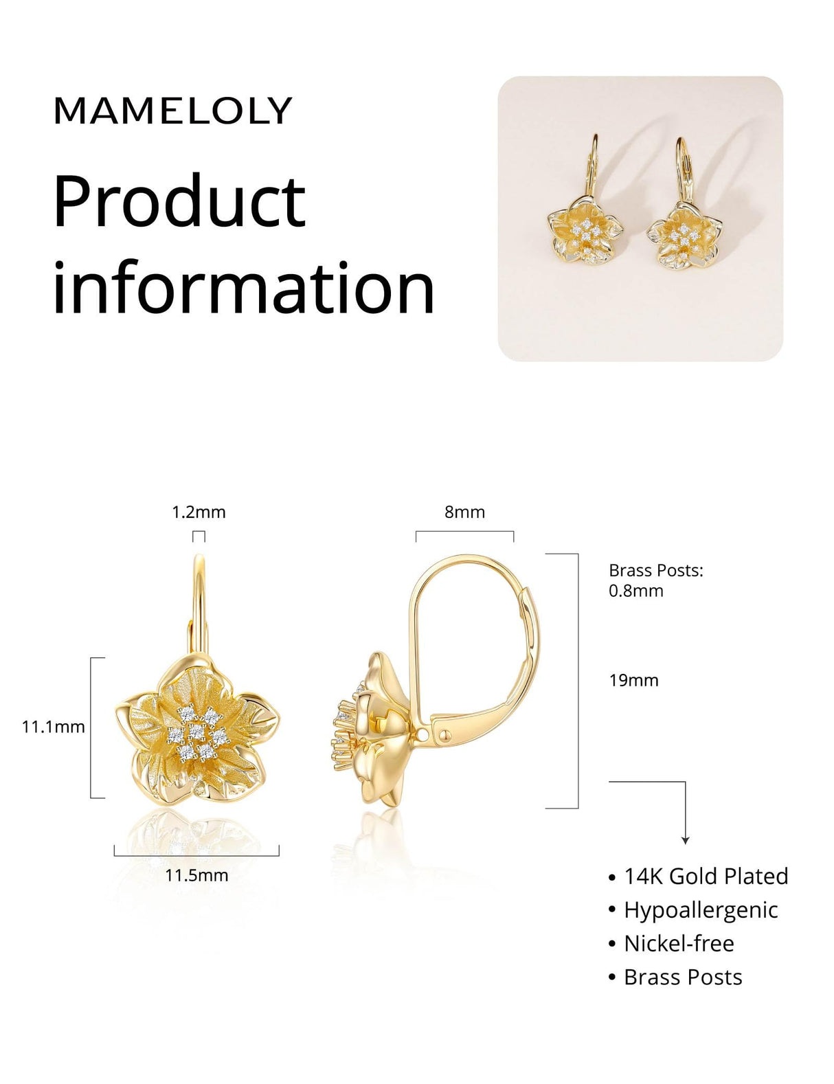 Mameloly Flower Earrings for Women Leverback CZ Dainty 14K Gold Plated