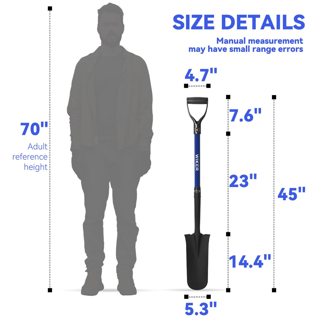 WIKER Spade Shovel,Sharp Shooter Shovel,Shovels for Digging,Planting,Trenching,Gardening,Drain Spade with Fiberglass Handle Heavy Duty,Blue,45 inches