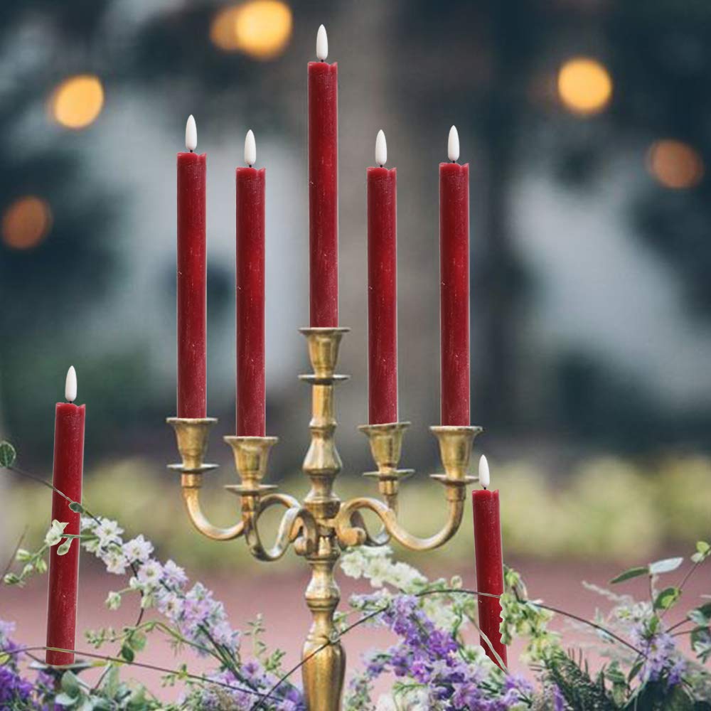 Wondise Flameless Taper Candles with Timer, 6 Pack Battery Operated LED Flickering Real Wax Red Candle for Christmas Wedding Dinner Decorations