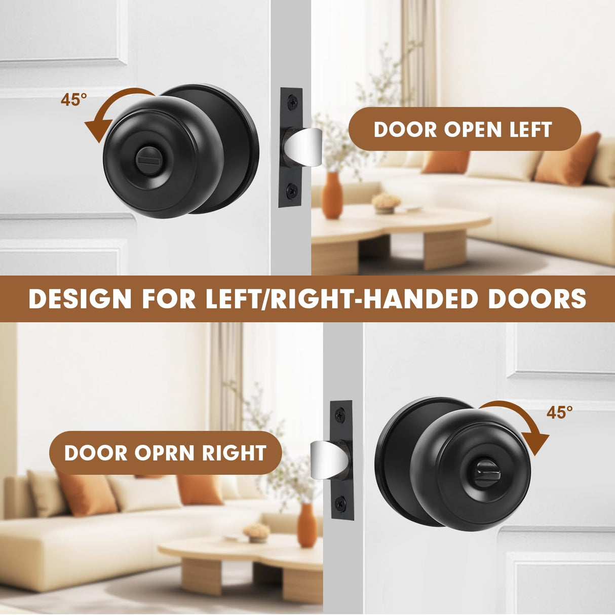 RAZCC Privacy Door Knobs, 10 Pack Matte Black Door Knobs with Lock, Bed and Bath Door Knob Interior Keyless Locksets, Round Door Handles Reversible for Left Right Handed Doors