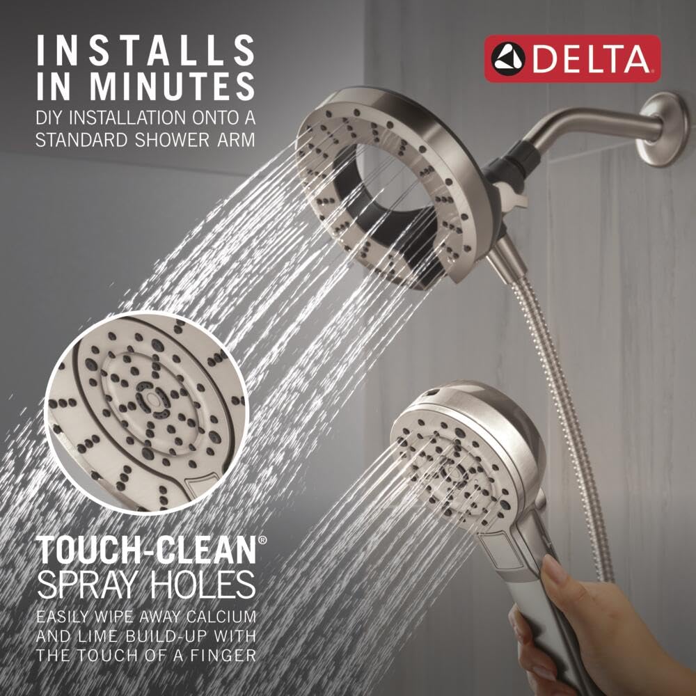 Delta 5-Setting In2ition 2-in-1 Dual Shower Head with Handheld High Pressure ProClean Spray, Brushed Nickel Detachable Shower Head with Hose, 1.75 GPM Flow Rate, Spotshield Brushed Nickel 75548SN