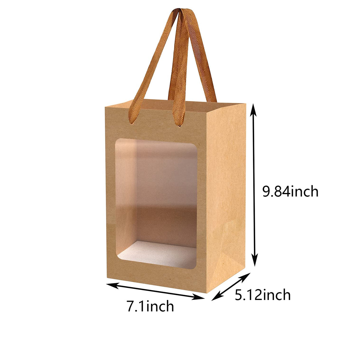 24 Pcs Brown Paper Gift Bags with Transparent Window, 9.84"x7.0"x5.12" Kraft Shopping Bags with Handles for Bouquet Christmas Birthdays Festivals Party Weddings Wrapping