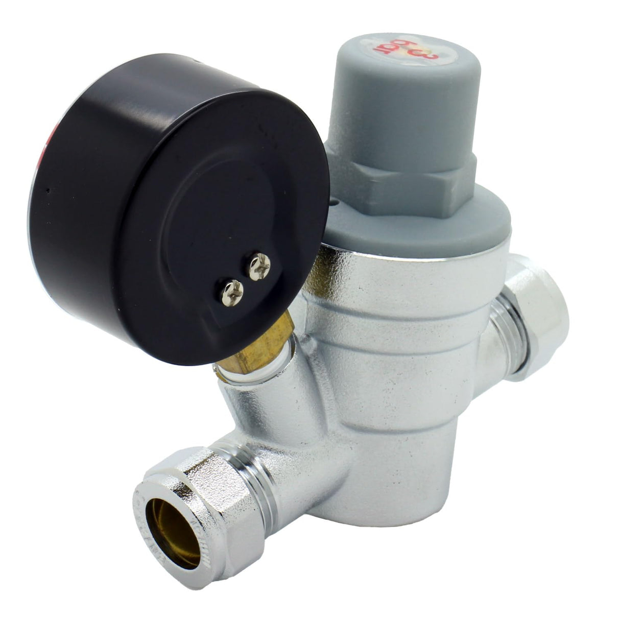 Unvented Components Europe Pressure Reducing Valve with Gauge, Model UN-42-3, 15mm, Adjustable 1-6 Bar, Chrome/Black