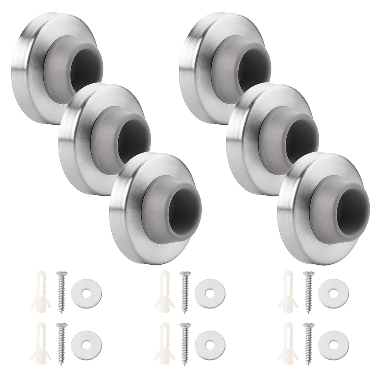 6pcs Concave Wall Door Bumper Stop Gray Rubber Wall Mount Door stoppers Silver Stainless Round Door Knb Stop Protector Prevent Door Handle Damage Shield Walls, Easy to Install (Grey)