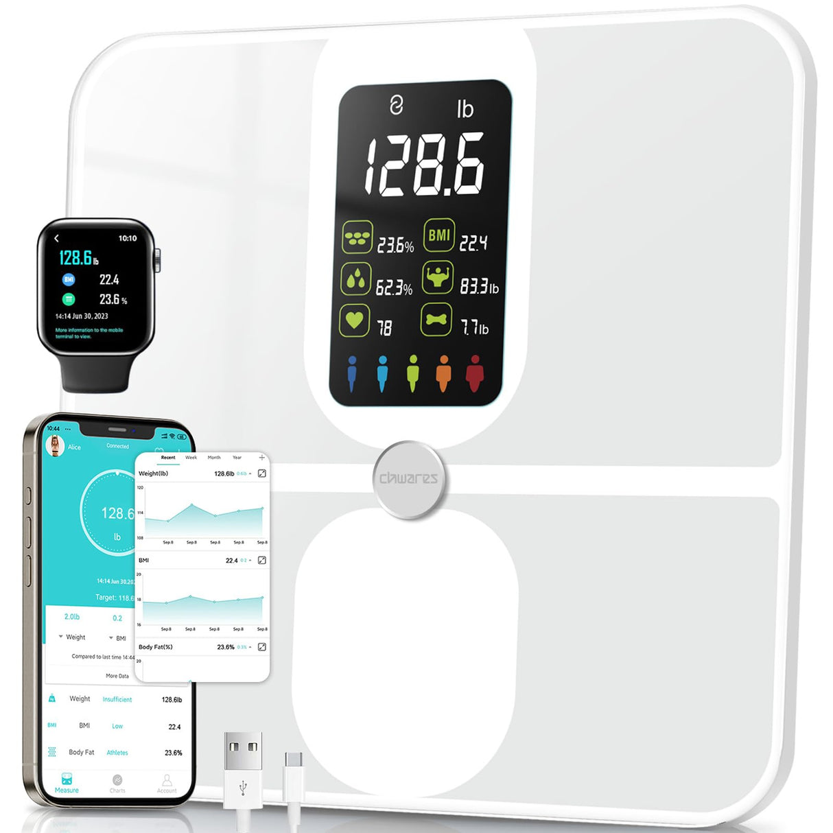 CHWARES Scale for Body Weight, Scale with BMI Body Fat Muscle Mass Rechargeable Large Display Smart Digital Bathroom with 15 Metrics Composition Analyzer for Heart Rate 400lbs,White