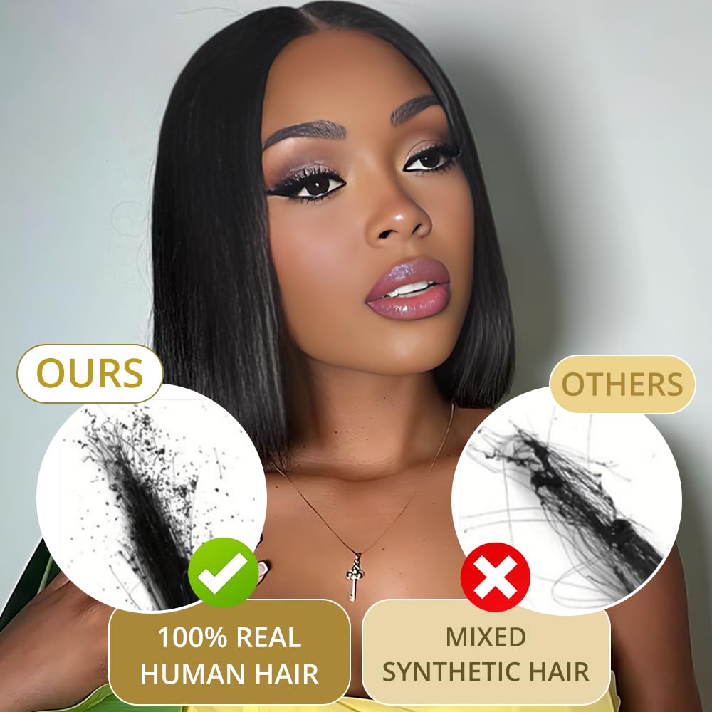 GUDOZO 14 Inch Human Hair Bob Wig - 9x6 Glueless HD Lace Front, Pre-Plucked, Pre-Cut, 200% Density Short Straight for Black Women