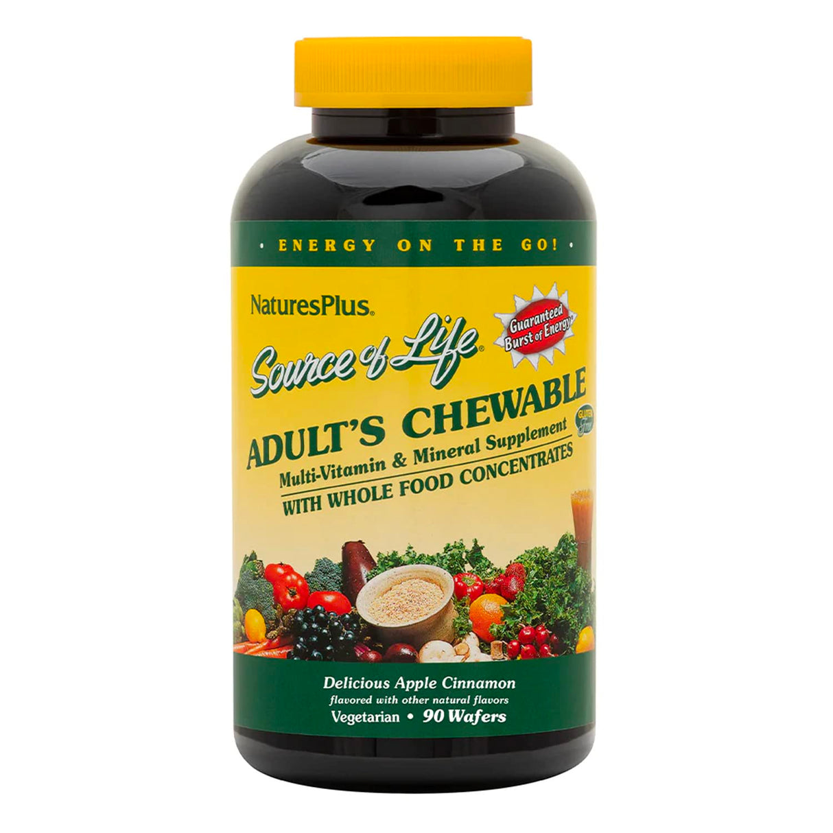 Natures Plus Source of Life Adult Chewable Multivitamin - 90 Vegetarian Wafers - Apple Cinnamon Flavor - Natural Whole Foods Supplement - Overall Health, Energy - Gluten-Free - 45 Servings