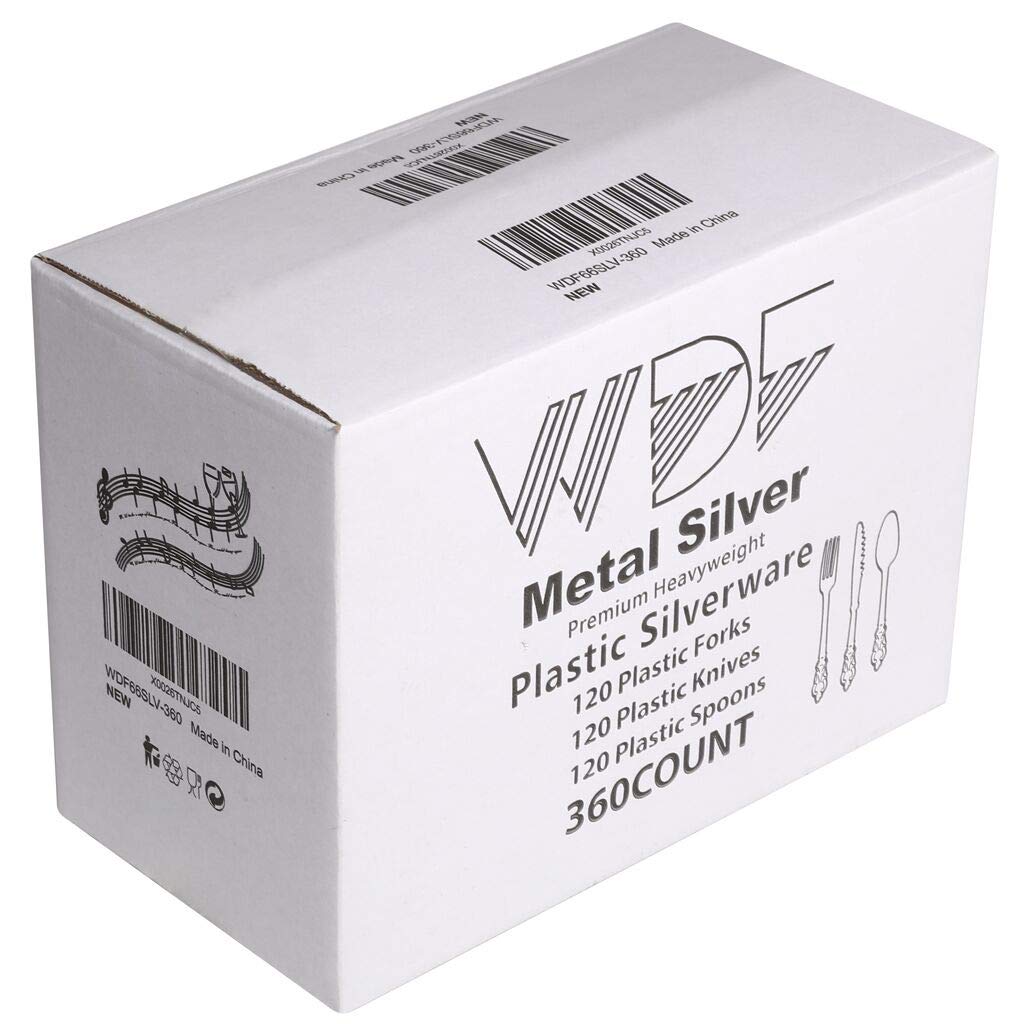 WDF 360 Pieces Silver Plastic Silverware- Disposable Flatware - Heavyweight Plastic Cutlery- Includes 120 Forks, 120 Spoons, 120 Knives for Christmas