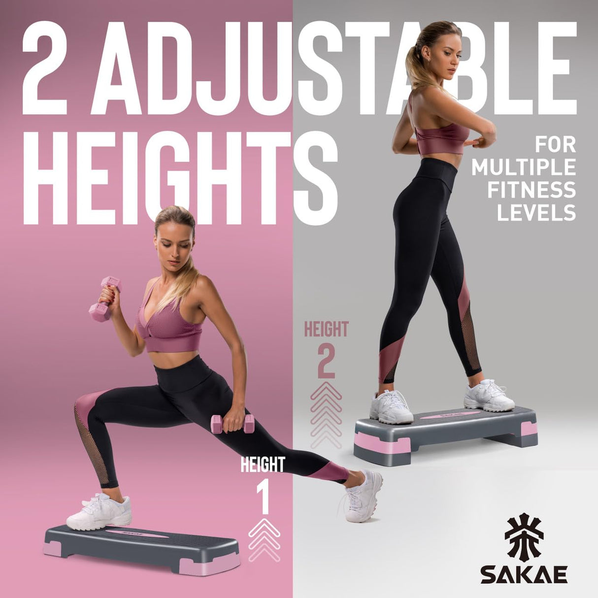 Aerobic Stepper Set with Dumbbells & Measuring Tape, Adjustable Height 2 Level Risers Workout Exercise Step Platform, Pink Grey, the Ultimate Gift for a Joyful Holiday and Merry Christmas