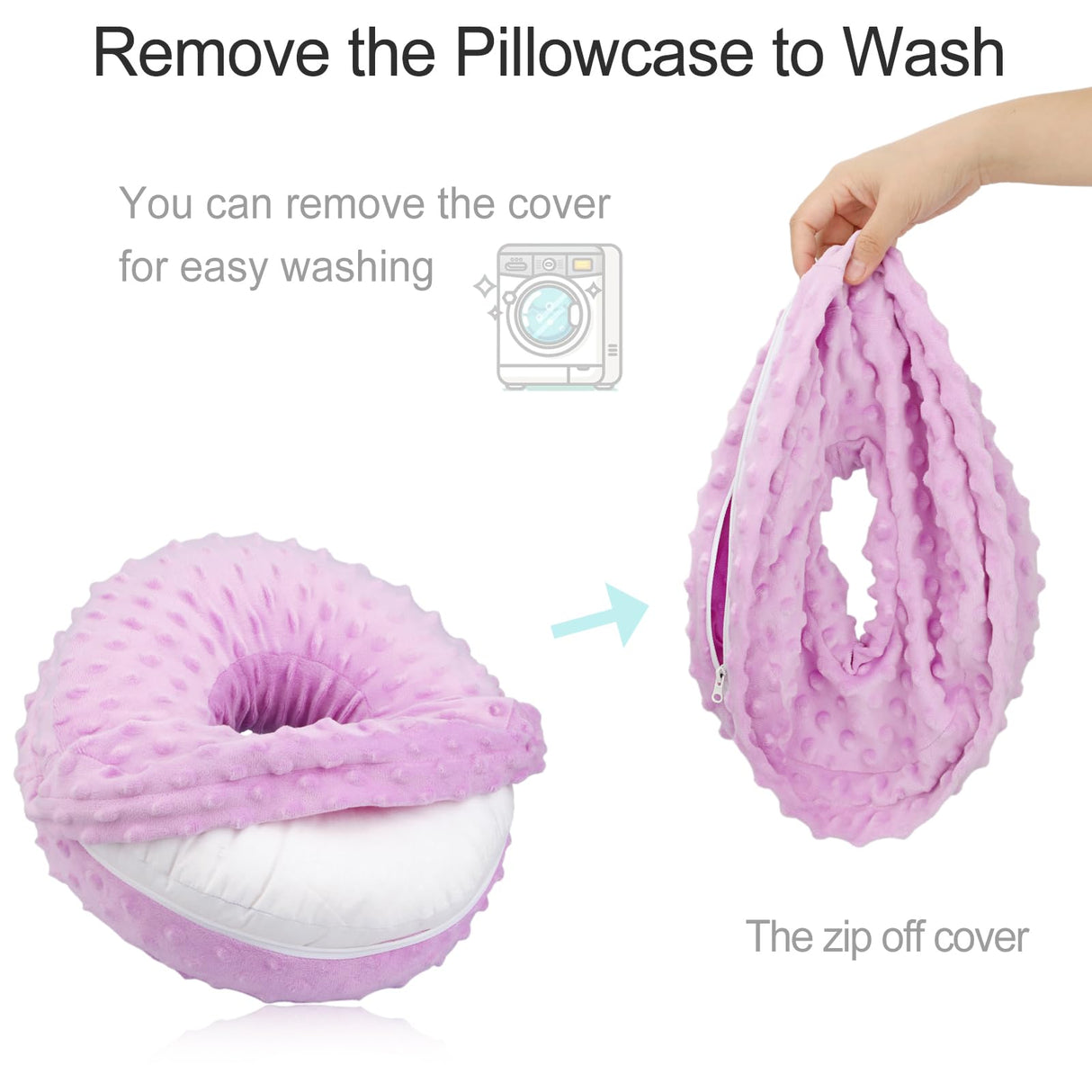 Heal n Hope Washable Ear Piercing Pillow with Removable Pillowcase Donut Pillows Hole for Ear Pain Relief CNH Sleeping Pressure Sore Side Sleepers Ear Guard Protector Cover (Minky Dot Lavender)